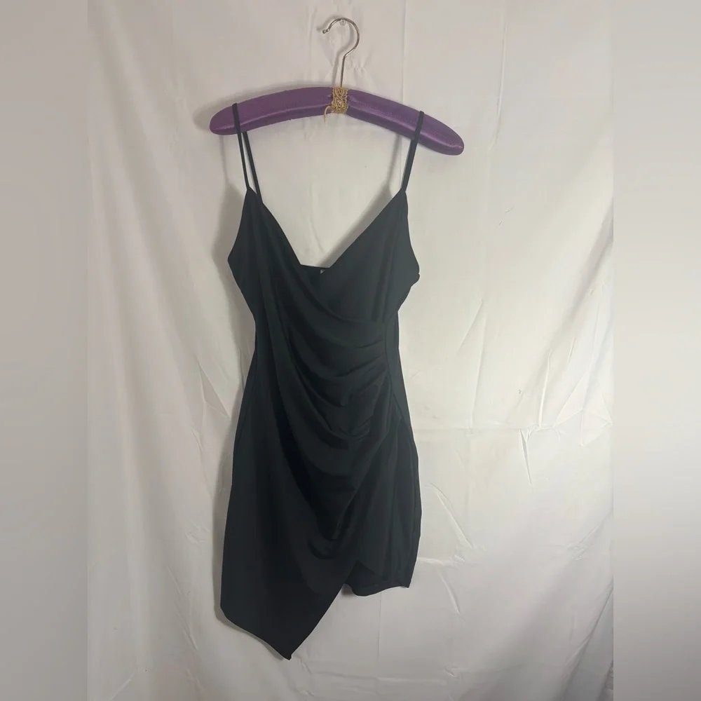 Y2K Little Black Dress Asymmetrical Hem Club Dance Faux Wrap Ruched Size L - Picture 5 of 10